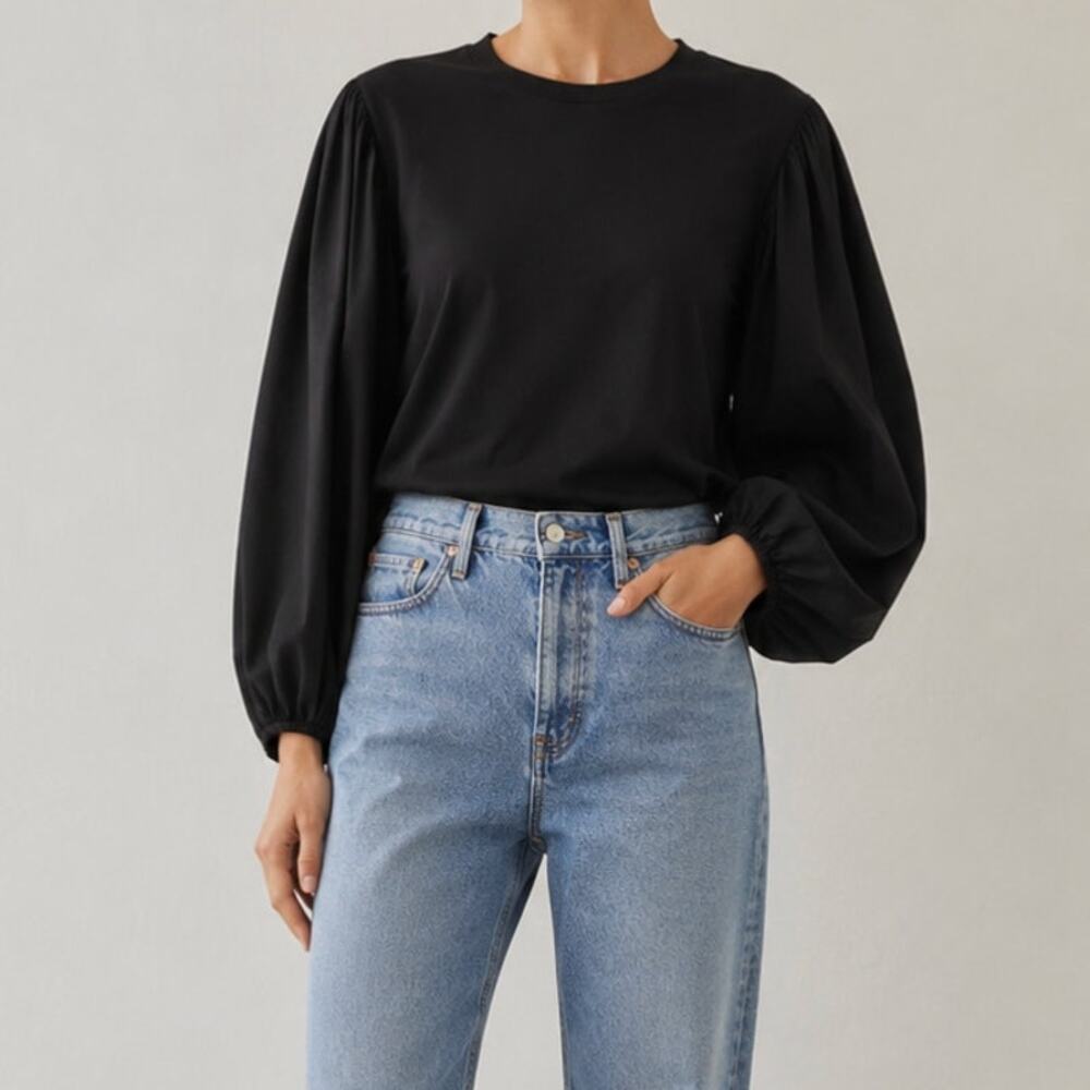 A.L.C. Bella Cotton Balloon Sleeve Top Black Minimalist Statement Blouse S